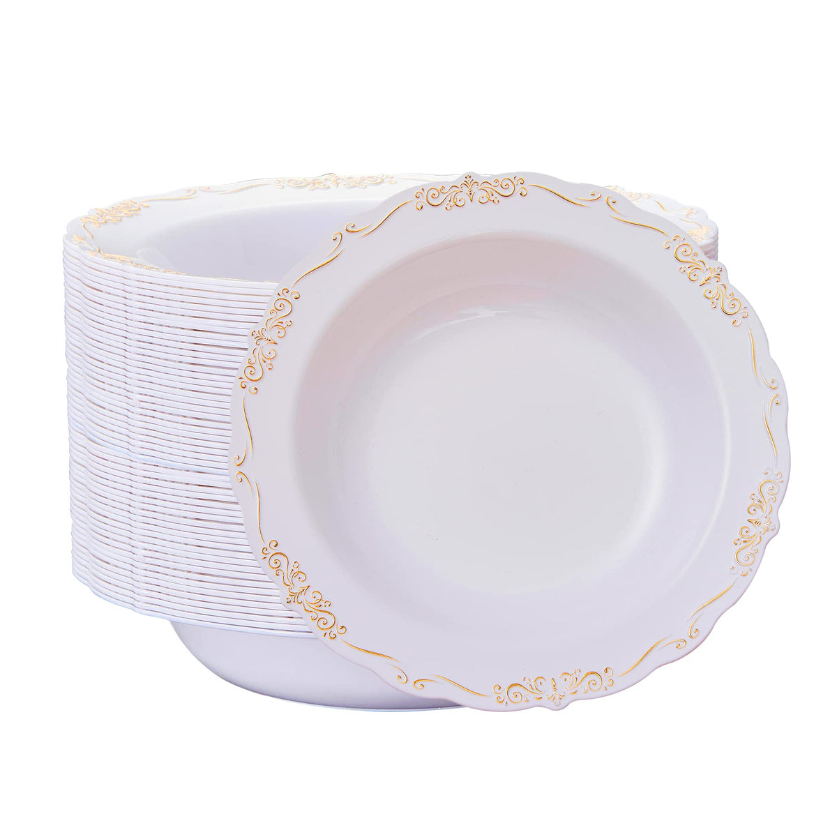 N9R 30PCS Disposable Plastic Soup Bowls, 12 oz Fancy White Gold Relief Bowl