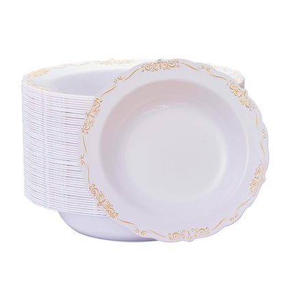 N9R 30PCS Disposable Plastic Soup Bowls, 12 oz Fancy White Gold Relief Bowl