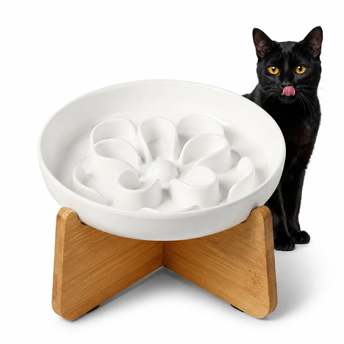 Melamine Cat Slow Feeder Bowl Set - Floral Maze Food Dishes for Cats and Small Dogs - Shallow Wide Plates for Dry & Wet Food - 3 Pack - White & Green & Blue