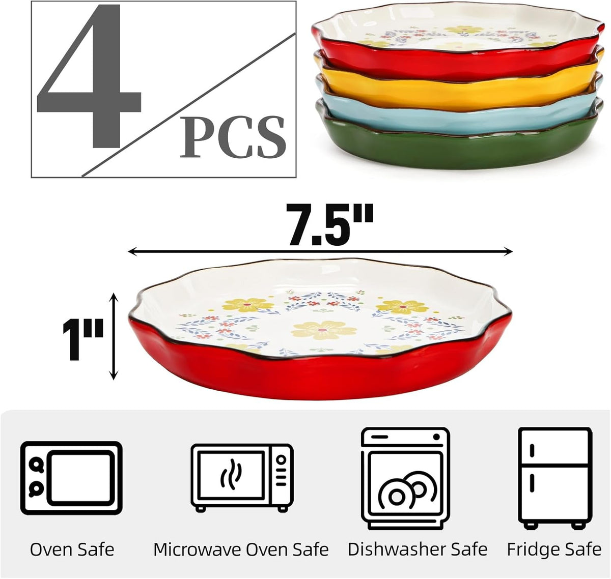 Pumtus 4 Pack Ceramic Dessert Plates, 7.5 Inch Small Floral Dinner Appetizer Plate, Lunch Salad Serving Dishes, Vintage Flat Pasta Bowl for Steak Fruit Pizza, Dishwasher & Microwave Safe