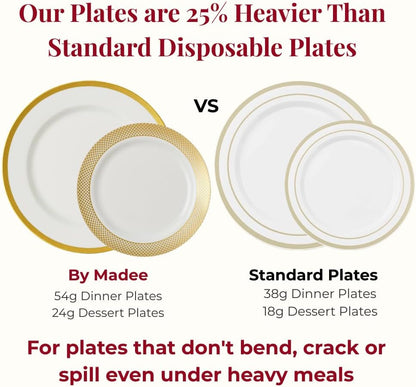 By Madee HEAVYWEIGHT White Plastic Plates with Gold Trim 175 PCS