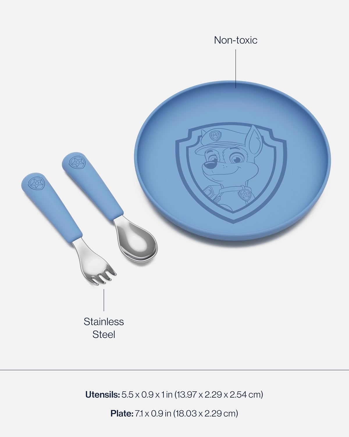Lalo PAW Patrol Plate & Utensil Set For Kids - Dishwasher Safe Toddler Dinnerware Set - BPA Free for Over 12 Months - Includes Plate, Ergonomic Spoon and Fork - 3 Pieces - Chase
