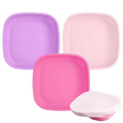 Re-Play Toddler Plates - 22 Oz. Deep-Walled Flat Kids Plates - Dishwasher & Microwave Safe - Made in USA - Set of 3-7.37" x 7.37" x 1.25" - True Blue