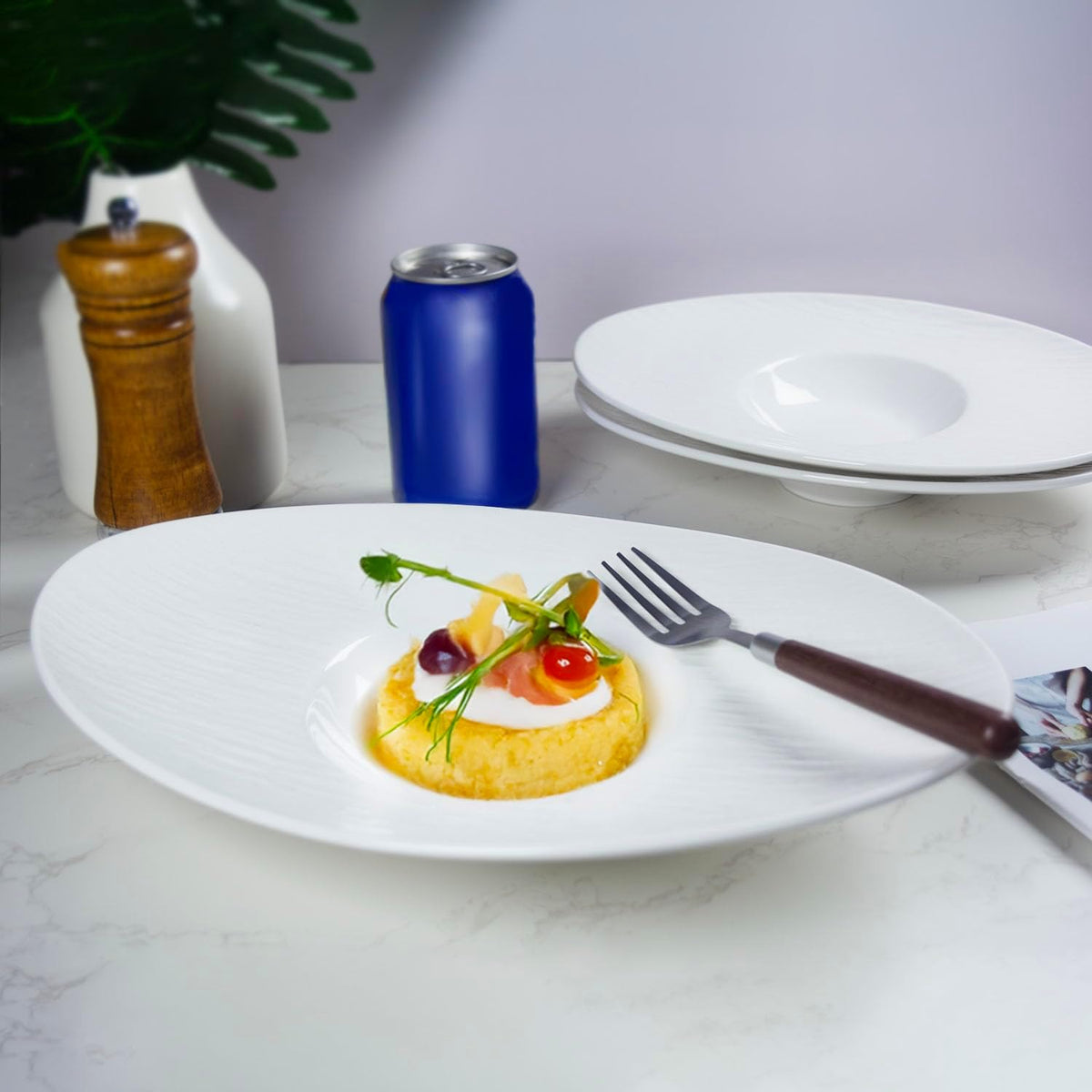 Soup Plates Fine Soup bowls Set of 4, 10.5 Inch Ceramics Oval Rimmed Small Mouth Pasta Plates, for high end restaurants and best choice for gourmets, Modern and stylish tableware