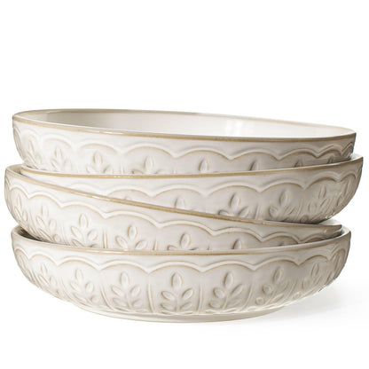 Artena Pasta Bowls, 50oz Large Salad Serving Bowls, 9.75'' Plates Bowl Set of 4, Big White Ceramic Soup Bowl for Kitchen, Embossment Shallow Dinner Bowl, Microwave Dishwasher Safe, Damask Floral
