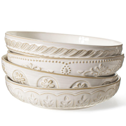 Artena Pasta Bowls, 50oz Large Salad Serving Bowls, 9.75'' Plates Bowl Set of 4, Big White Ceramic Soup Bowl for Kitchen, Embossment Shallow Dinner Bowl, Microwave Dishwasher Safe, Damask Floral
