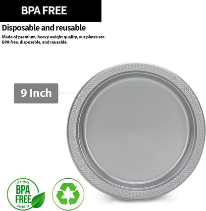 Silver Solid Color Premium Heavy Weight Plastic Dinner Plate (9") 50 Count - Premium Plastic, Elegant & Durable, Perfect for Events