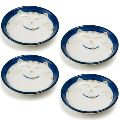 JapanBargain 2566, Set of 2 Japanese Porcelain Dipping Sauce Dishes for Appetizer Dessert Cake Snack with Maneki Neko Smiling Lucky Cat Pattern for Cat Lovers, Made in Japan, 4.75-inch, Blue