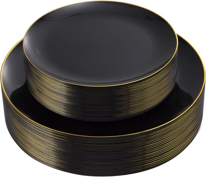 KIRE 100PCS White Plates with Gold Trim - Plastic Disposable Plates - Includes 50Pieces 10.25inch Dinner and 50Pieces 7.5inch Dessert/Salad Plastic Plate for Wedding Receptions/Party/Thanksgiving