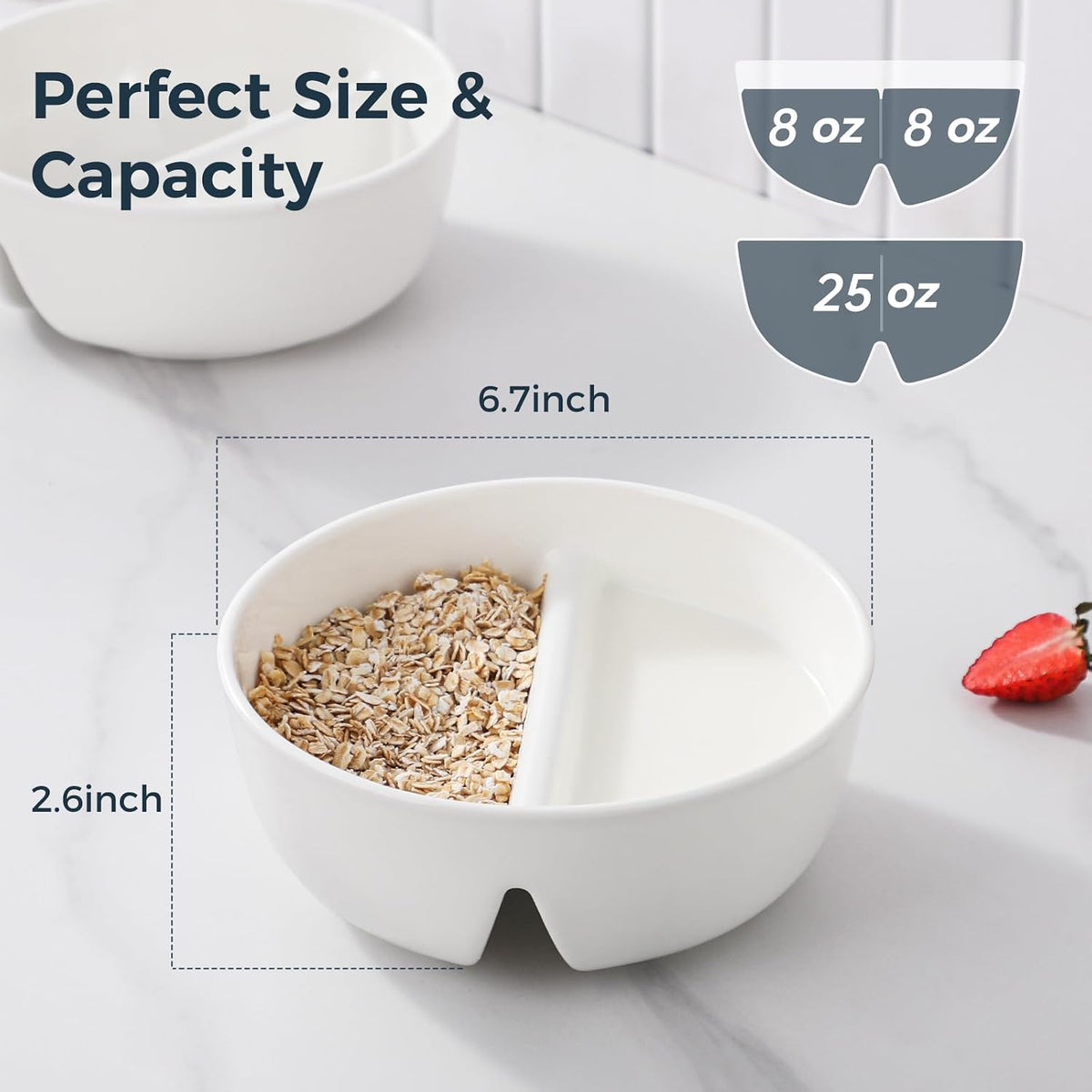 Anti-Soggy Cereal Bowl Set of 2, 6.7 Inch Divided Ceramic Bowls for Cereal and Milk, Chip and Dip Bowl, Soup and Sandwich Plate Combo, Stackable Snack Serving Bowl for Kids Adults, White