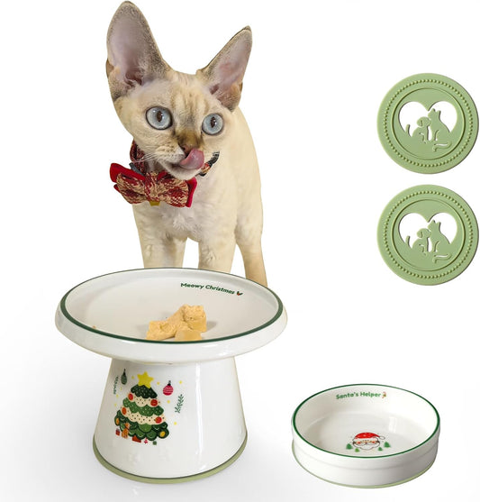 Cinf Ceramic Set of 2 Pet Raised Footed & Snack Bowl with Funny Christmas Design and Non-Slip Silicone Pads