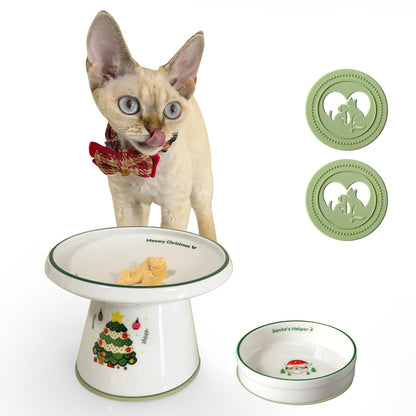 Cinf Ceramic Set of 2 Pet Raised Footed & Snack Bowl with Funny Christmas Design and Non-Slip Silicone Pads