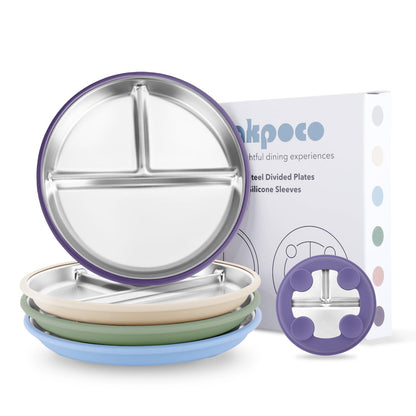 Bakpoco Stainless Steel Suction Plates for Toddlers, 8" Divided Kids Baby Plates with Removable Silicone Suction, Non Toxic Non Slip Portion Control Snack Dishes 3 Packs, Blue Gray Beige