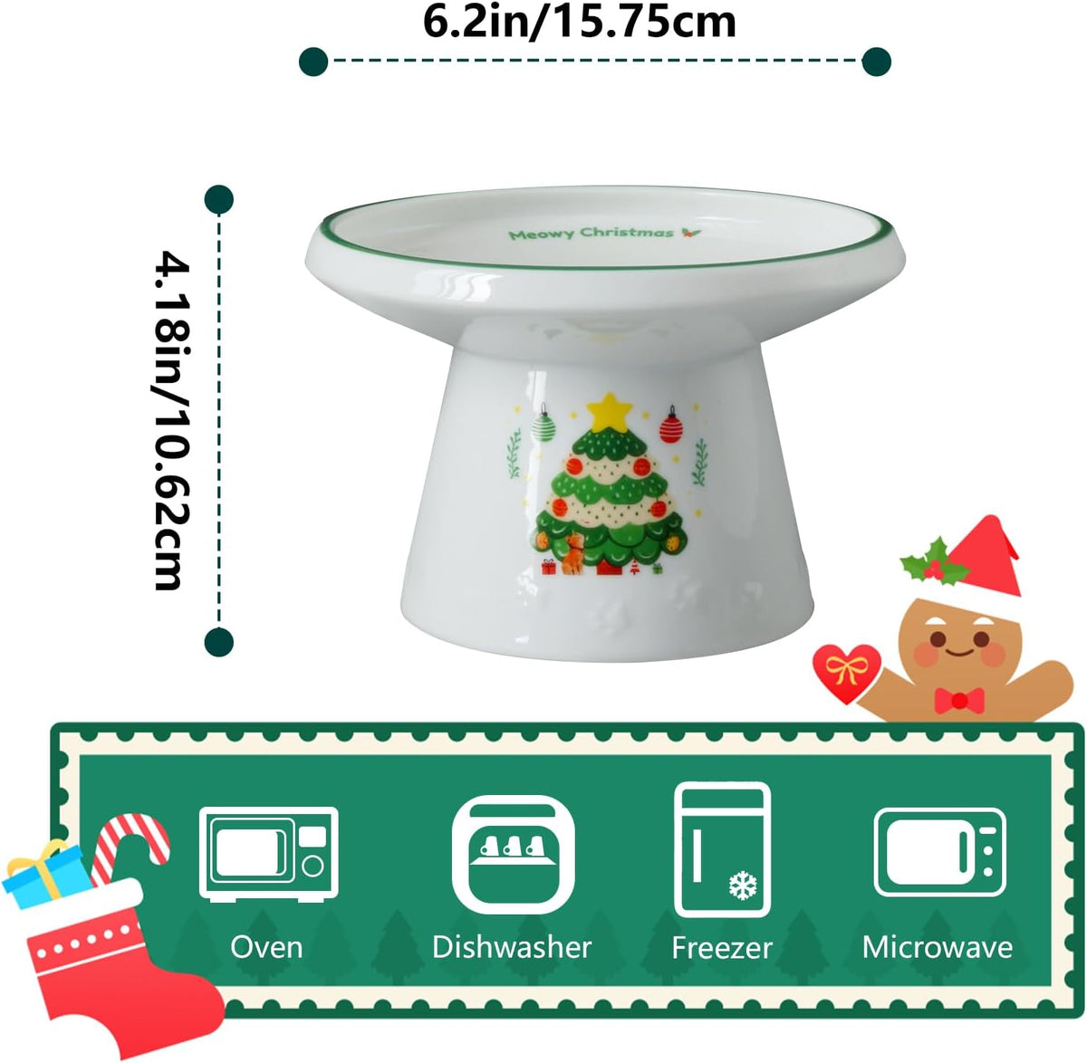 Cinf Ceramic Set of 2 Pet Raised Footed & Snack Bowl with Funny Christmas Design and Non-Slip Silicone Pads