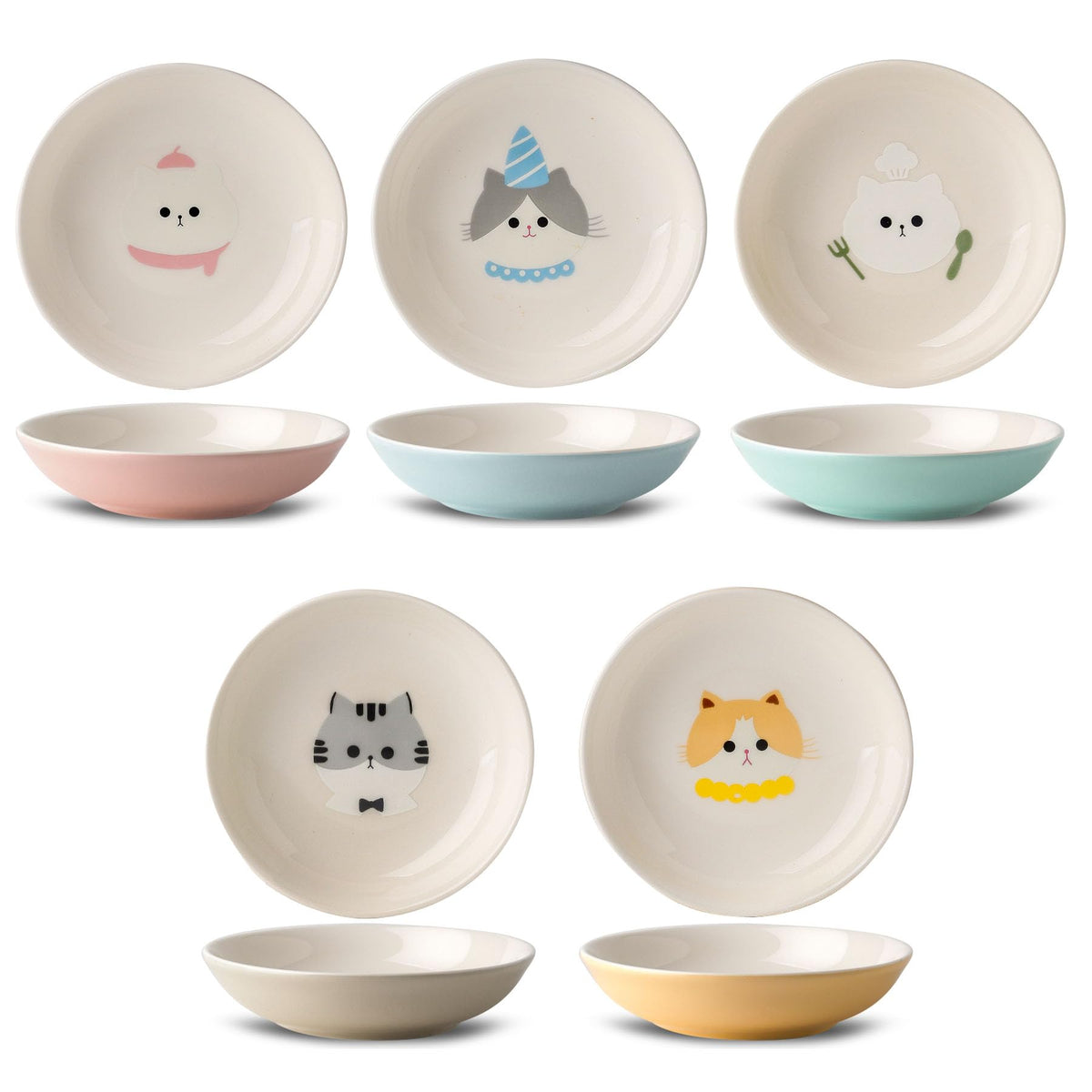 Ceramic Cat Bowls Set - 5.7 inch Wide Cat Food Bowls Whisker Fatigue Friendly, 5 Colorful Kitten Dish Plates with Cute Pattern for Wet and Dry Food Water