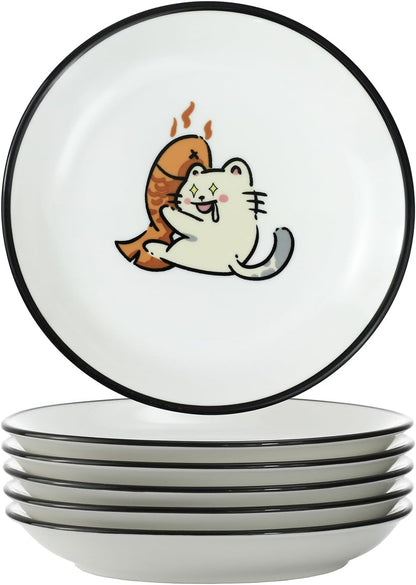 SOCOSY Super Cute Cartoon Animal Ceramic Sauce Dishes, Seasoning Dishes, Little Cat Dog Bird Feeding Bowls, Sushi Soy Dipping Bowls, Appetizer Plates, Dessert Plates, Set of 6-Cats-5 Inch