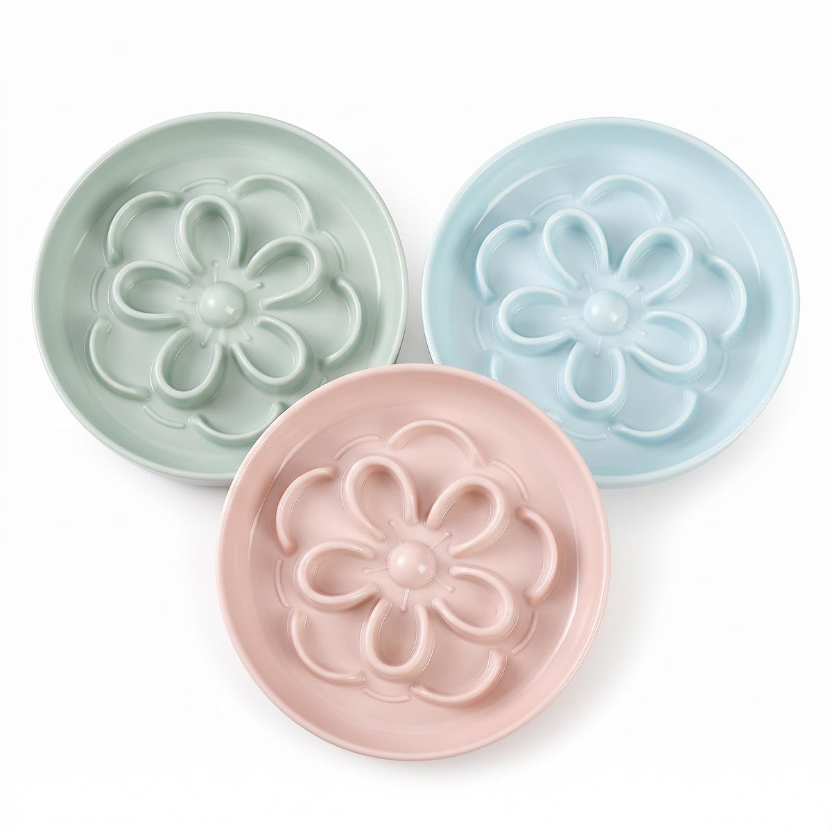 Melamine Cat Slow Feeder Bowl Set - Floral Maze Food Dishes for Cats and Small Dogs - Shallow Wide Plates for Dry & Wet Food - 3 Pack - White & Green & Blue