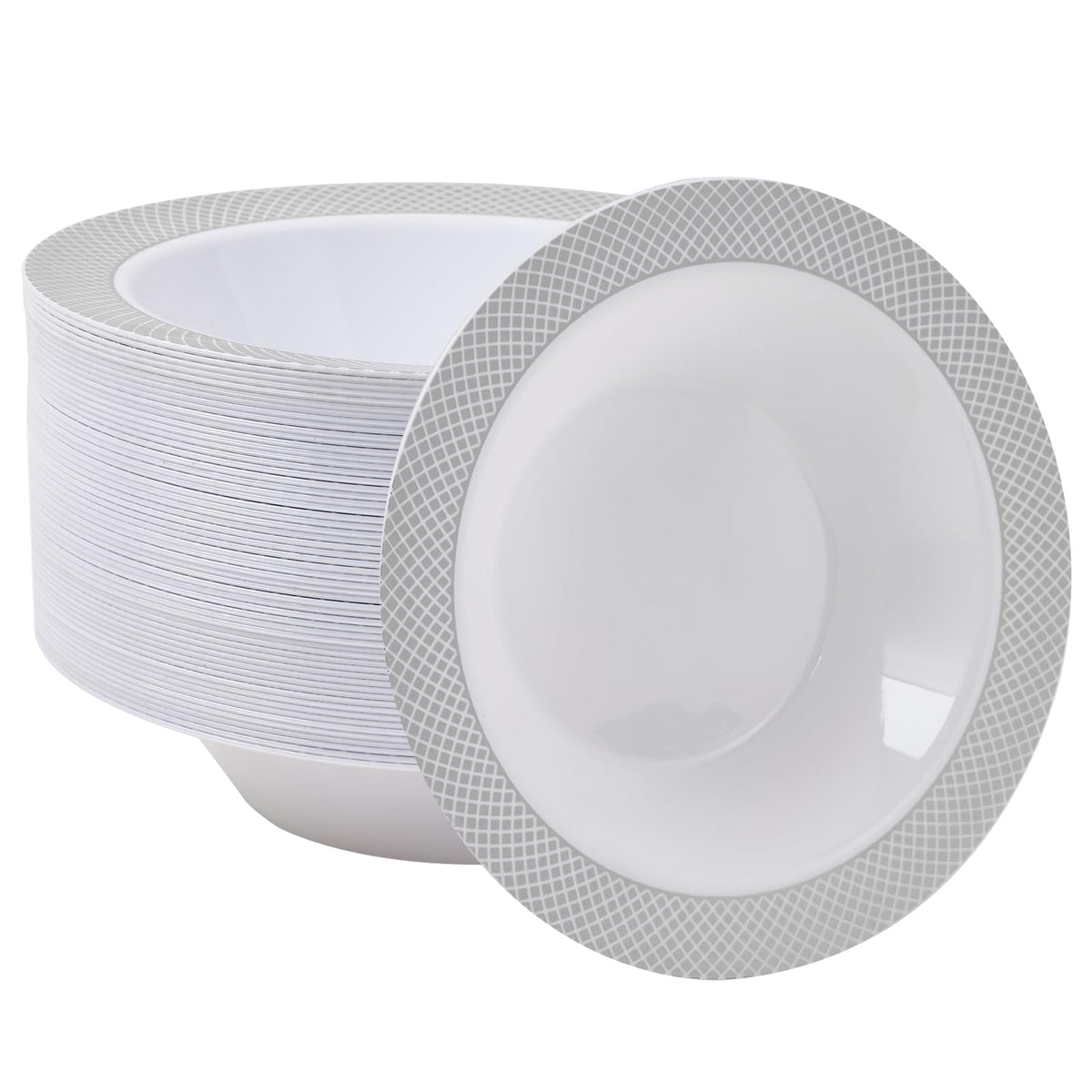 JOLLY CHEF Plastic Bowls with Gold Grid Rim Disposable 12oz Bolws 50Pack