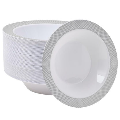 JOLLY CHEF Plastic Bowls with Gold Grid Rim Disposable 12oz Bolws 50Pack