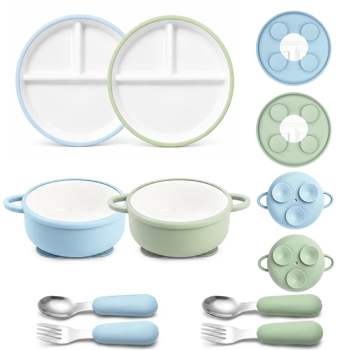 Daximo 8 Pcs Ceramic Baby Plates Set with Suction Sleeves, Spoons & Forks