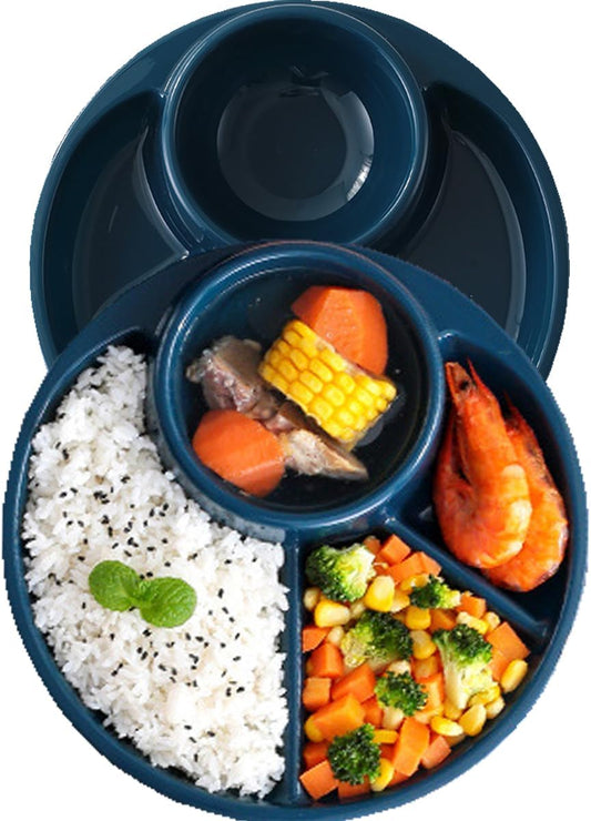 Unbreakable Divided Plates for Adults Portion Control Plates Set of 2 Dark Blue Round Plastic Dinner Plate 9 Inch for Camping Outdoor or Every Day Use
