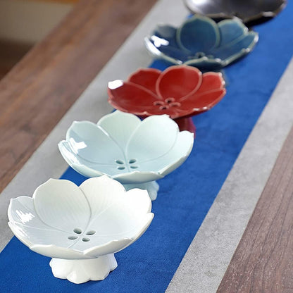 Pedestal Fruit Bowl Centerpiece, 6.3 Inch Ceramic Lotus Footed Bowl with Removable Drainage Base, Decorative Compote Serving Dish for Fruit, Bread, Snacks and Desserts, Red