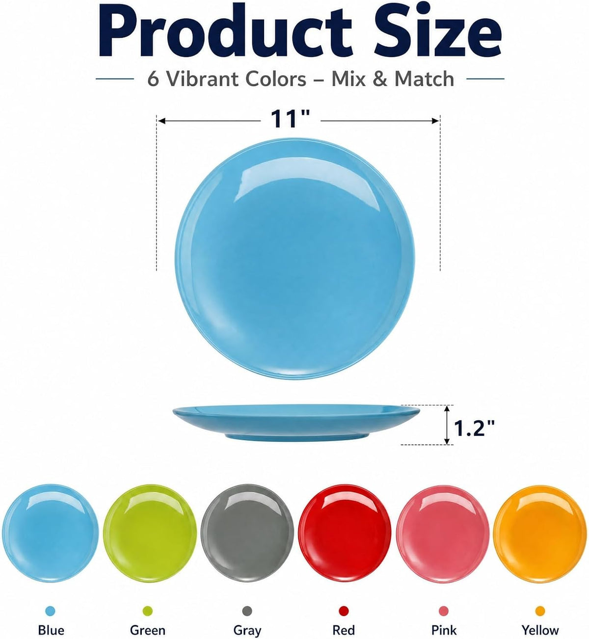 Peohud 6 Pack Melamine Plates, 11 Inches 100% Melamine Dinner Plates, Flat Bottom Dinnerware Dishes for Daily Indoor Outdoor Use, Dishwasher Safe, Break-resistant, MultiColor
