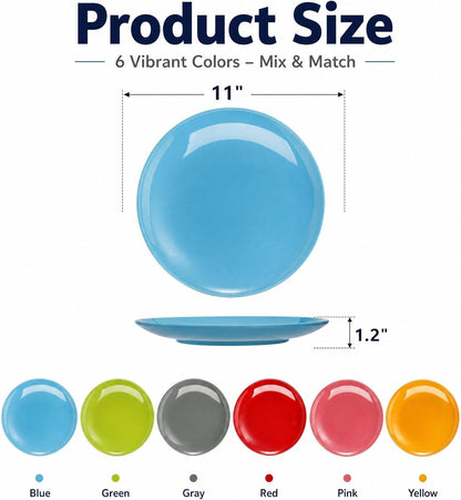 Peohud 6 Pack Melamine Plates, 11 Inches 100% Melamine Dinner Plates, Flat Bottom Dinnerware Dishes for Daily Indoor Outdoor Use, Dishwasher Safe, Break-resistant, MultiColor