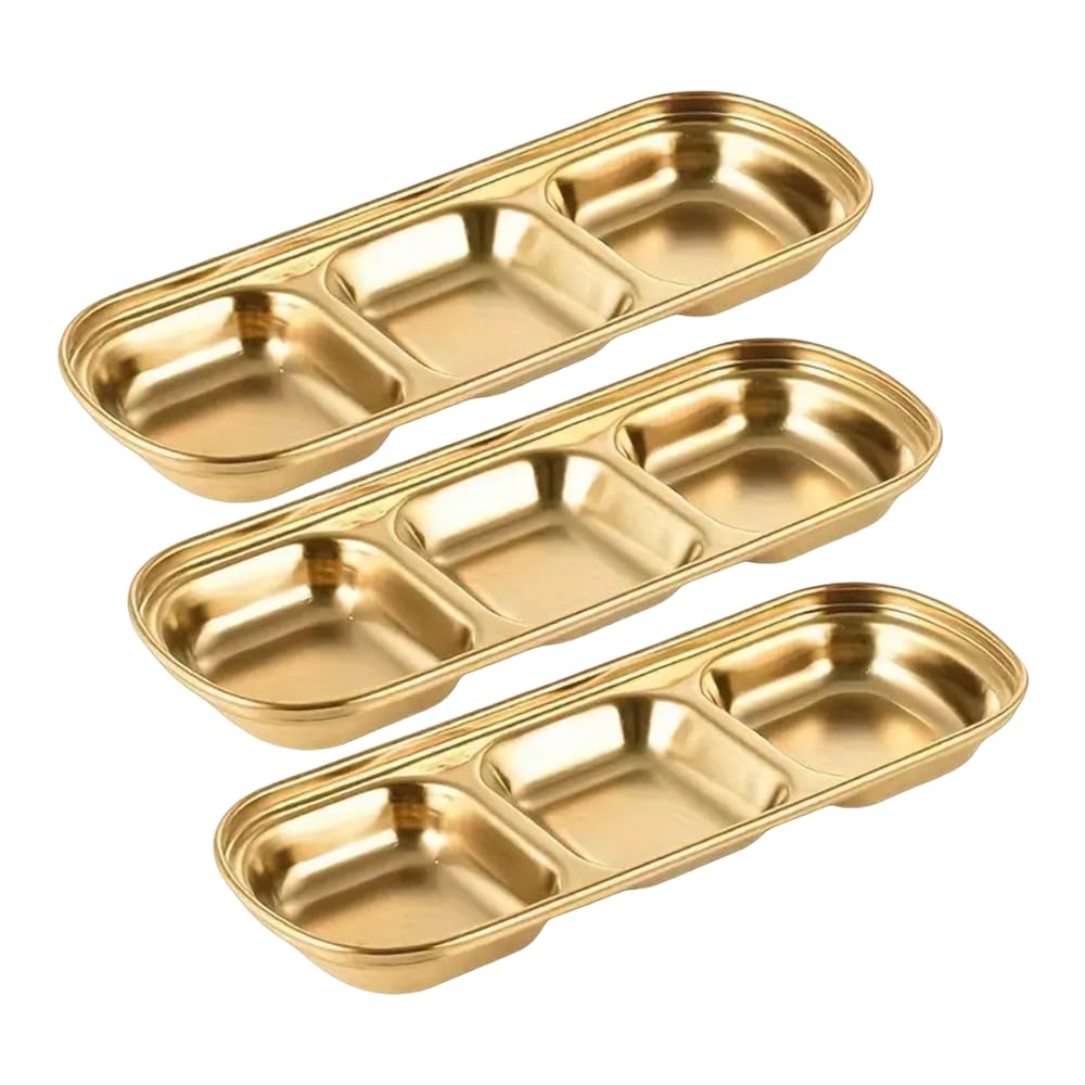 XIYUAN 3 Piece Stainless Steel Sauce Tray, Divided DippingTray, 3 Compartment Appetizer Serving Tray for Sauce, Ketchup, Dressing, Silver, 8 X 3 Inches (3 Compartment)