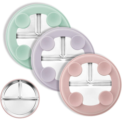 Bakpoco Stainless Steel Suction Plates for Toddlers, 8" Divided Kids Baby Plates with Removable Silicone Suction, Non Toxic Non Slip Portion Control Snack Dishes 3 Packs, Blue Gray Beige