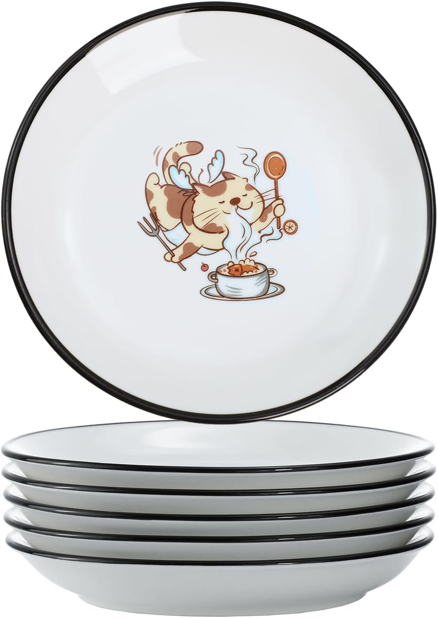 Funny Fidgety Chef Cat Pattern Ceramic Sauce Dishes, Seasoning Dishes, Sushi Soy Dipping Bowls, Appetizer Plates, Dessert Plates, Bird Feeding Bowls, Set of 6 - 5 Inch