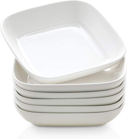 Selamica Porcelain 8-inch Square Dinner Plates, Pasta Salad Bowls, Set of 6, White