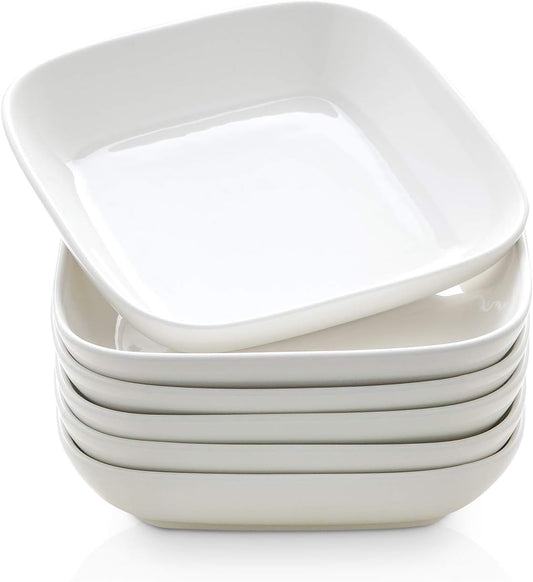 Selamica Porcelain 8-inch Square Dinner Plates, Pasta Salad Bowls, Set of 6, White