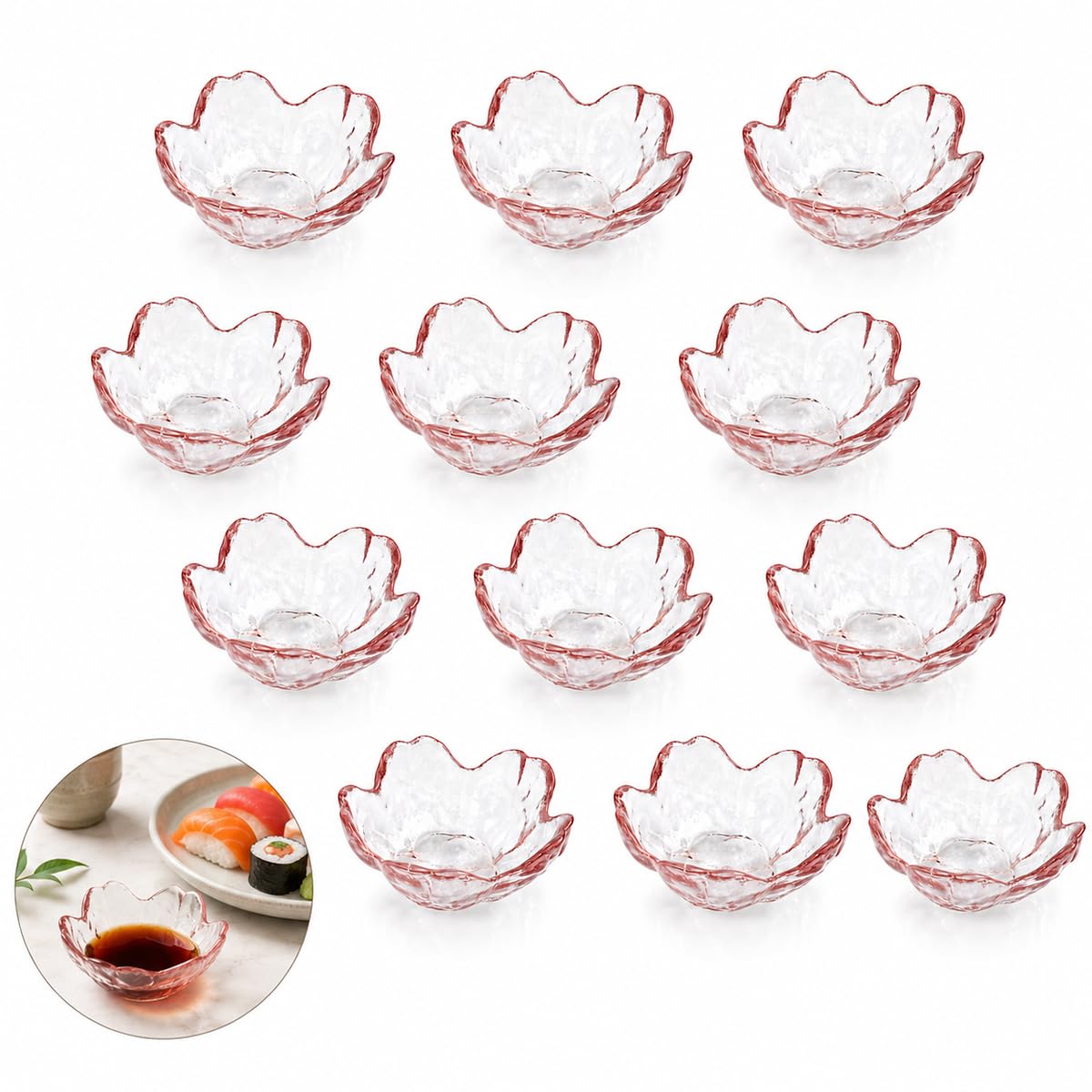 12 Clear Glass Sakura Dipping Bowls, 3.4-Inch Soy Sauce Dishes