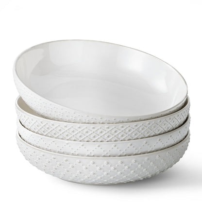 Y YHY Large Pasta Bowls, 45 oz Embossed Salad Bowls for Serving Soup, Noodle, Dessert, Dinner, Kitchen Deep Plates, 9.75" Porcelain Shallow Bowls, Soft White Dishes for House-warming Wedding Present