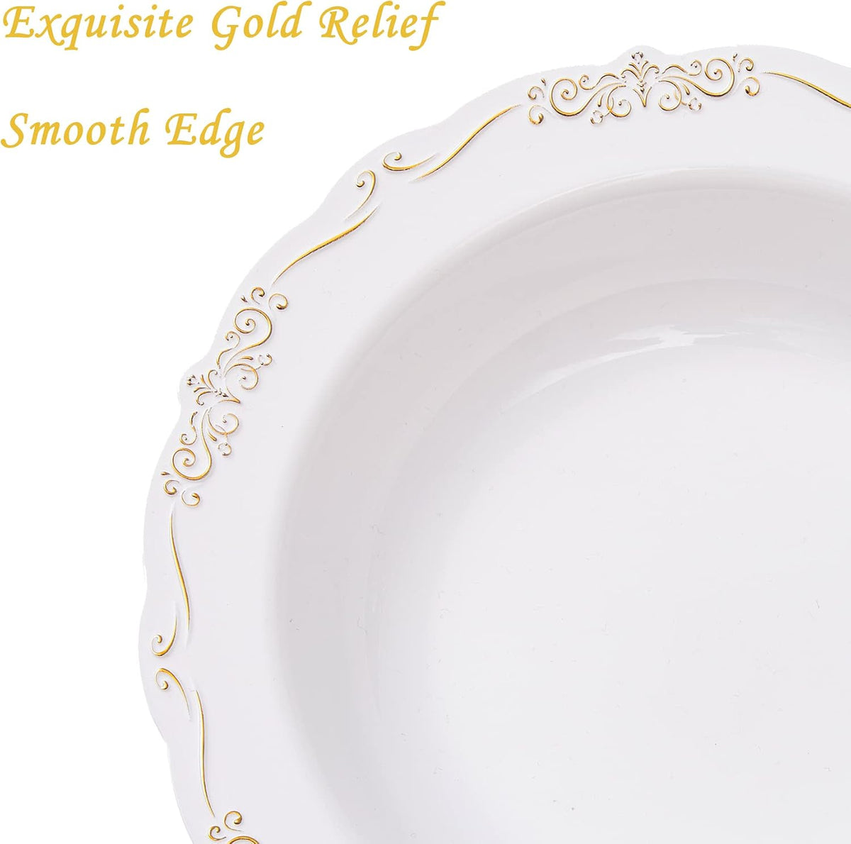 N9R 30PCS Disposable Plastic Soup Bowls, 12 oz Fancy White Gold Relief Bowl