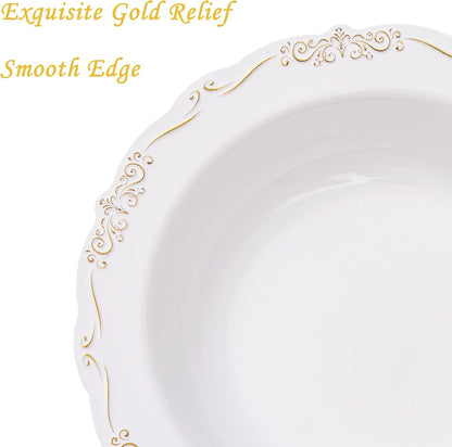 N9R 30PCS Disposable Plastic Soup Bowls, 12 oz Fancy White Gold Relief Bowl