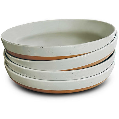 MORA Ceramic Flat Pasta Bowl Set of 4-35oz, Microwave Safe Plate with High Edge - Modern Porcelain Dinnerware for Kitchen and Eating, Large Wide Bowls/Plates for Serving Dinner, Salad, etc- Neutrals