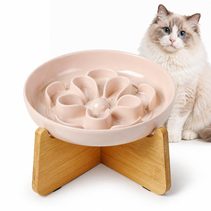 Melamine Cat Slow Feeder Bowl Set - Floral Maze Food Dishes for Cats and Small Dogs - Shallow Wide Plates for Dry & Wet Food - 3 Pack - White & Green & Blue