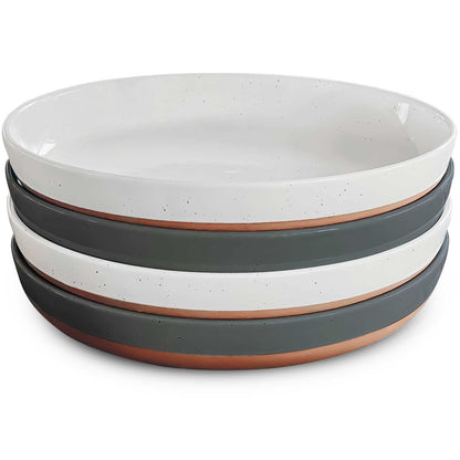 MORA Ceramic Flat Pasta Bowl Set of 4-35oz, Microwave Safe Plate with High Edge - Modern Porcelain Dinnerware for Kitchen and Eating, Large Wide Bowls/Plates for Serving Dinner, Salad, etc- Neutrals