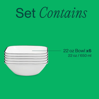 Corelle Vitrelle 6-Piece (22-Oz) Cereal Soup Bowls, Triple Layer Glass and Chip Resistant, Lightweight Square Dinnerware Bowl Set, Simple Lines