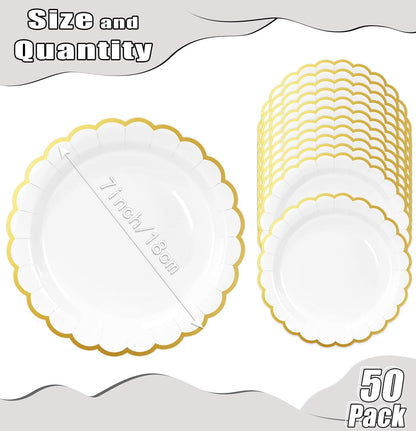 HEIPINIUYE 50 Pieces White Paper Plates with Gold Foil 7 Inch Disposable White Scalloped Dinner Plates for Wedding Baby Shower Birthday Party Dessert Plate