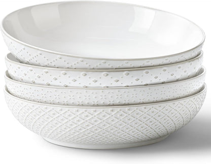 Y YHY Large Pasta Bowls, 45 oz Embossed Salad Bowls for Serving Soup, Noodle, Dessert, Dinner, Kitchen Deep Plates, 9.75" Porcelain Shallow Bowls, Soft White Dishes for House-warming Wedding Present