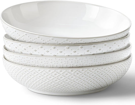 Y YHY Large Pasta Bowls, 45 oz Embossed Salad Bowls for Serving Soup, Noodle, Dessert, Dinner, Kitchen Deep Plates, 9.75" Porcelain Shallow Bowls, Soft White Dishes for House-warming Wedding Present