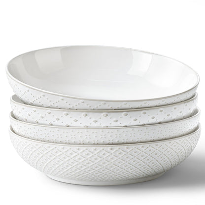 Y YHY Large Pasta Bowls, 45 oz Embossed Salad Bowls for Serving Soup, Noodle, Dessert, Dinner, Kitchen Deep Plates, 9.75" Porcelain Shallow Bowls, Soft White Dishes for House-warming Wedding Present