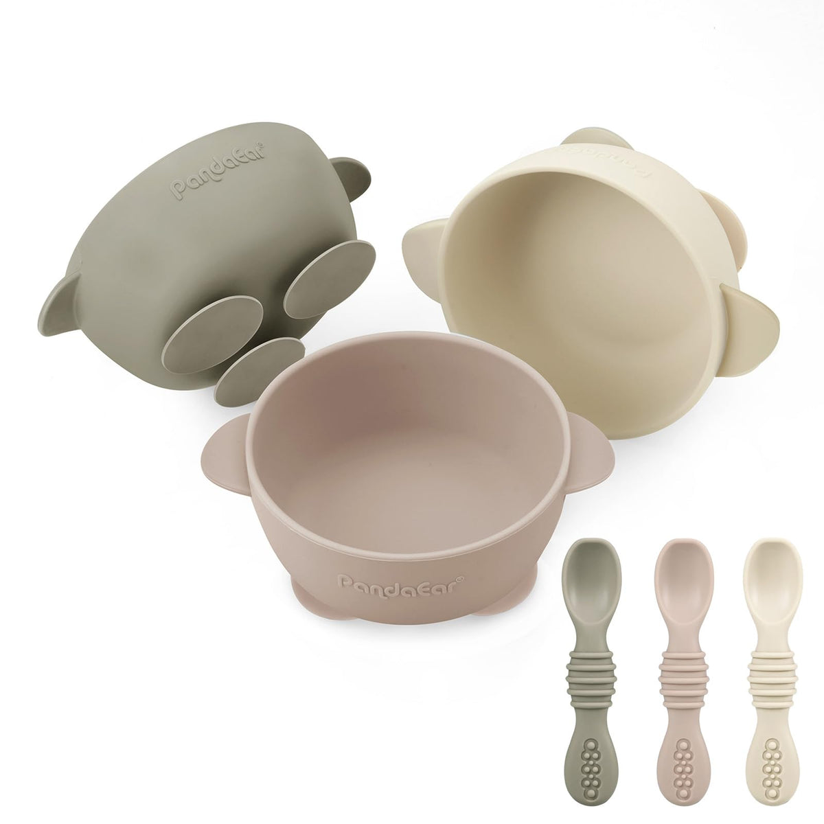 PandaEar 3 Pack Silicone Suction Baby Bowls & 3 Baby Feeding Spoons