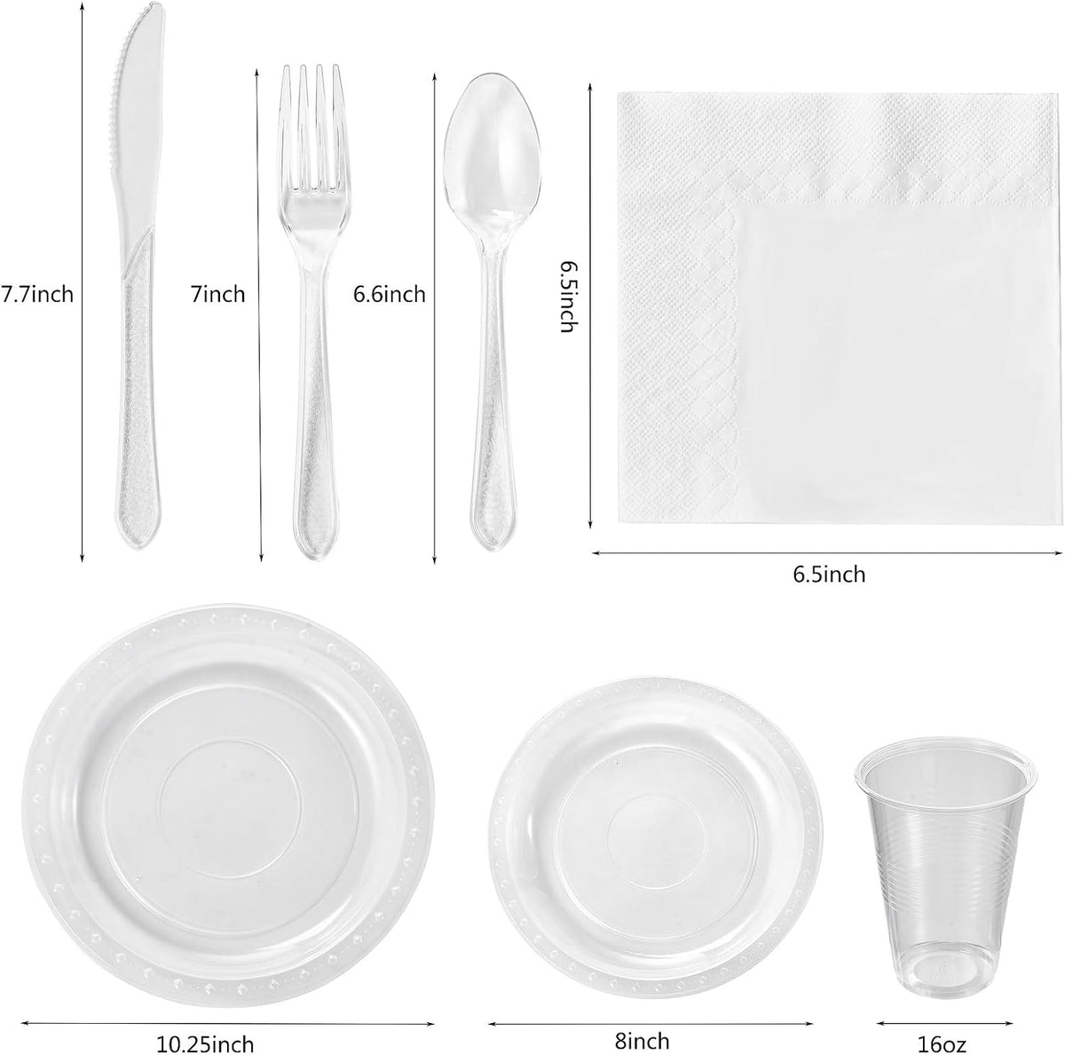 FULING 175 PCS Clear Party Supplies Disposable Dinnerware Set Plastic Plates and Paper Napkins Cups Silverware Serve 25 Sets for Birthday Bridal Shower Wedding Engagement Graduation Parties
