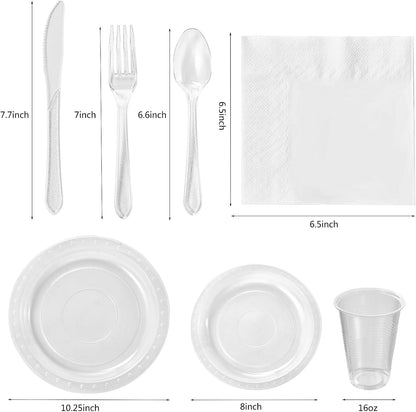 FULING 175 PCS Clear Party Supplies Disposable Dinnerware Set Plastic Plates and Paper Napkins Cups Silverware Serve 25 Sets for Birthday Bridal Shower Wedding Engagement Graduation Parties