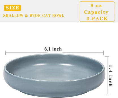 Ceramic Cat Bowls,Shallow Cat Dishes for Food and Water, 6 inch Matte Finish Wide Cat Food Bowl,Whisker Fatigue Free Pet Puppy Kitten Bowl Set of 3,Dishwasher Safe