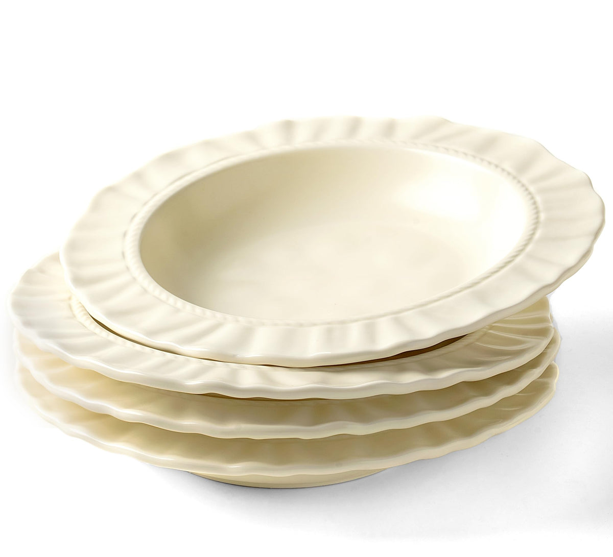8.6" Ceramic Wide Rim Soup Bowls Set of 2, Cream Color Embossed